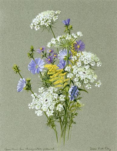 a bouquet of wildflowers and daisies on a gray background