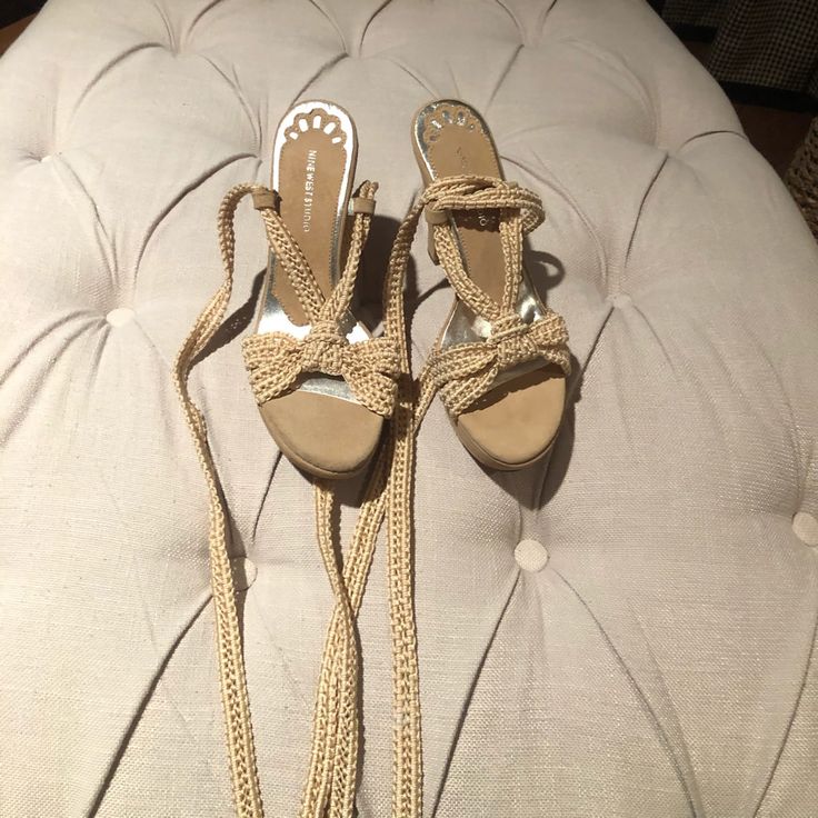 New With Stickers Still On Them, Never Worn Beautiful Lace Up Sandals 3-4 Inch Heel Height Small Platform In Front For Comfort Beige Wedge Heels With 4-inch Heel, Beige Wrapped Wedge Heel, Beige Wrapped Wedge Heels, Lace Up Sandals, 4 Inch Heels, Nine West Shoes, Lace Up Heels, Nine West, Shoes Women Heels