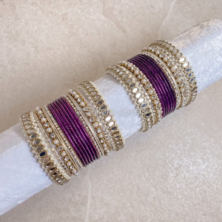 A set of two medium Sized Mirror & Pearl detailed bangle stacks with shimmery Wine shades. Ready to ship. Sold as a set for both arms only. Purple Bangles Set, Purple Bangles, Wine Purple, Bangle Box, Expensive Jewelry Luxury, Glass Bangles, Bridal Choker, Fancy Jewellery Designs, Bridal Necklace Set