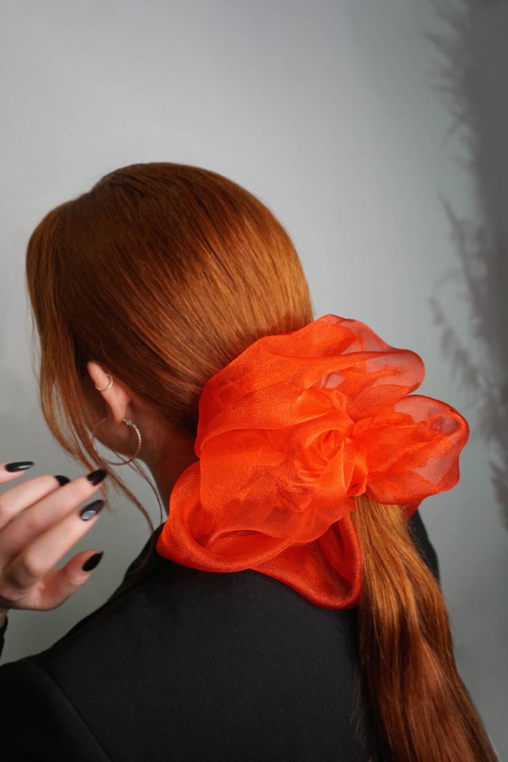 Girl with pony tail that has large red sheere double scrunhie in hair - the girl is wearing black suit and she is siting by white background Bridesmaid Scrunchie, Organza Scrunchie, Red Scrunchie, Oversized Scrunchie, Organza Fabric, Hair Tie, Hair Ties, Scrunchies, Satin