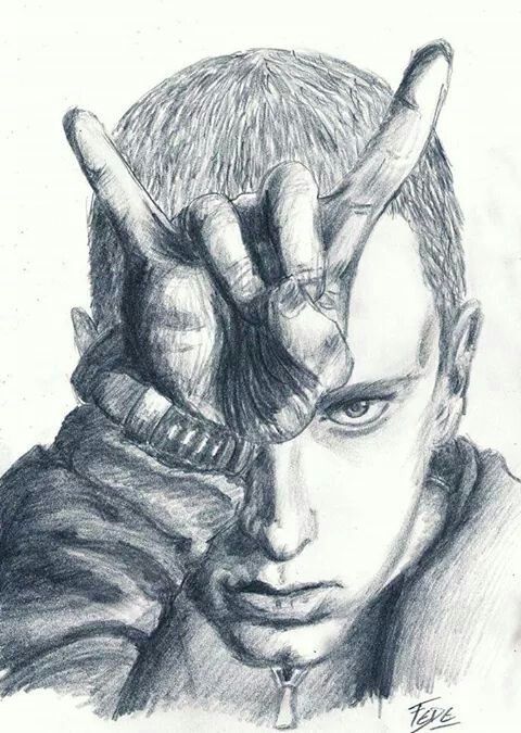 a pencil drawing of a man with his hands on his head and fingers in the air