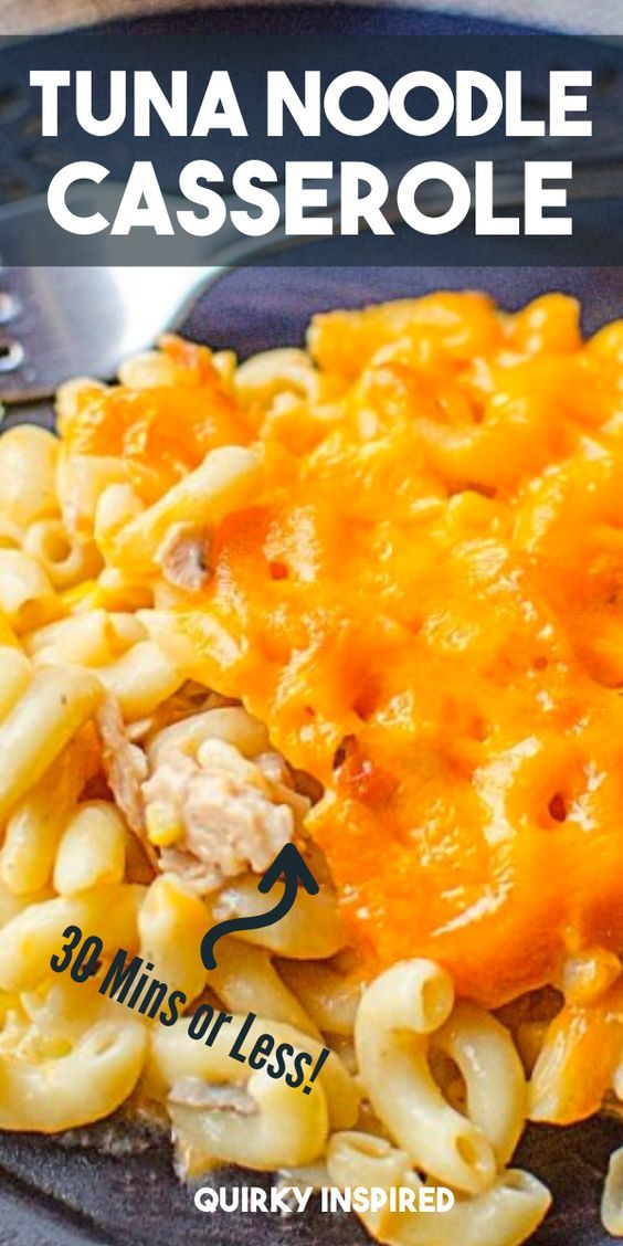 a close up of a plate of macaroni and cheese with the words tuna noodle casserole above it