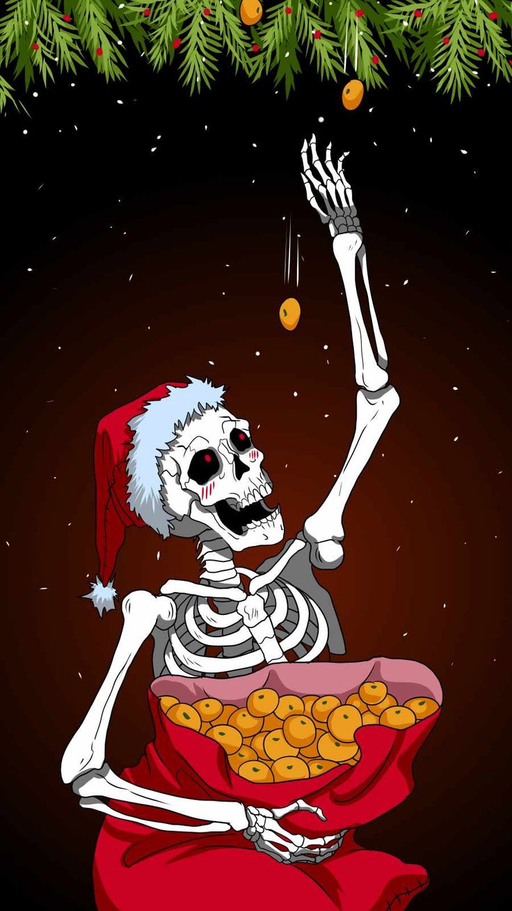 a skeleton in santa's hat holding a bowl of gold coins under a christmas tree