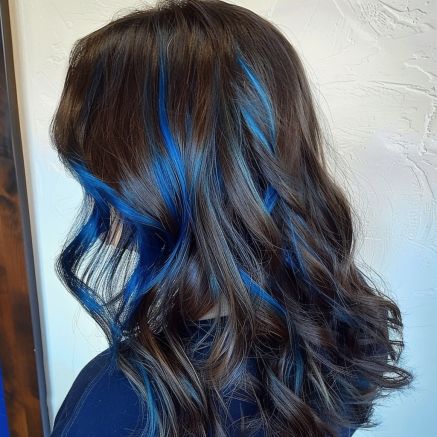 Dark Brown And Colorful Hair, Dark Blue Hair Balayage, Blue Highlights For Dark Brown Hair, Blue Tipped Hair Brown, Blonde Balayage With Blue Highlights, Brown Hair W Blue Highlights, What Highlights Go With Dark Brown Hair, Dark Blue Highlights In Dark Brown Hair, Brown Hair Dark Blue Highlights