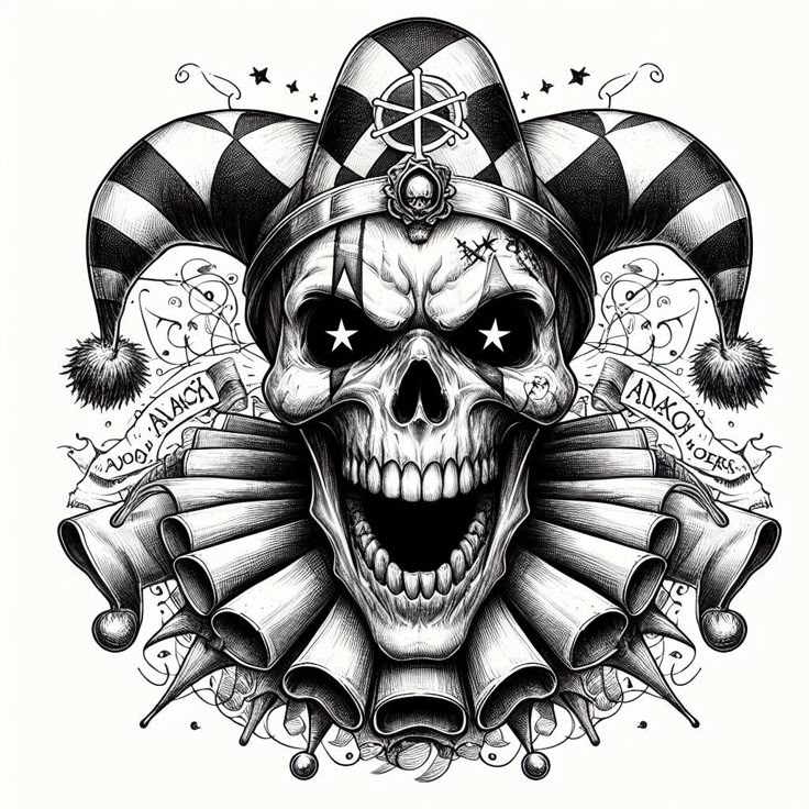 Joker Skull Drawing, Jester Skull Drawing, Laughing Clown Tattoo, Clown Mask Tattoo, Skull Jester, Clown Skeleton, Joker Art Drawing, Clown Skull, Evil Clown Tattoos