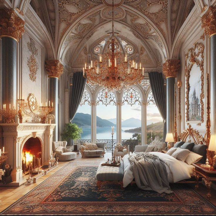 an ornate bedroom with fireplace and chandelier in the middle, along with large windows