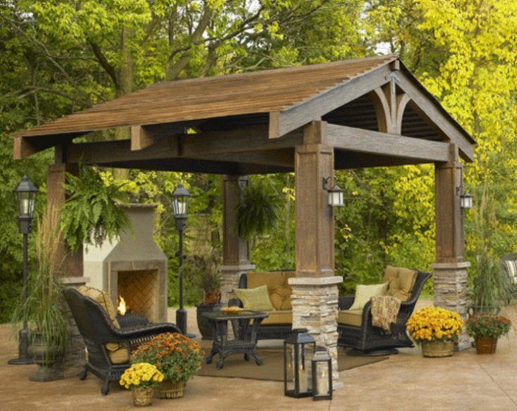 an outdoor covered patio with chairs and fire place