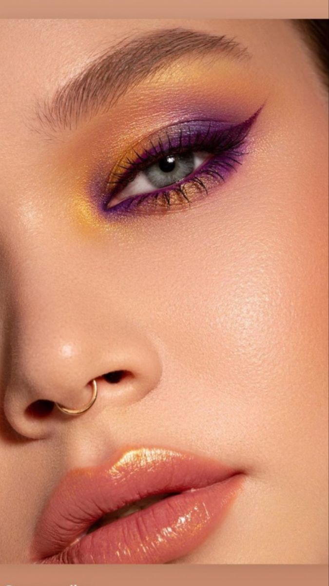 Makeup Ideas For Yellow Outfit, Purple Yellow Eyeshadow, Tropic Makeup, Mystical Eye Makeup, Purple Orange Makeup Look, Purple And Yellow Eyeshadow, Orange Purple Eyeshadow, Yellow And Orange Makeup, Purple And Orange Eyeshadow