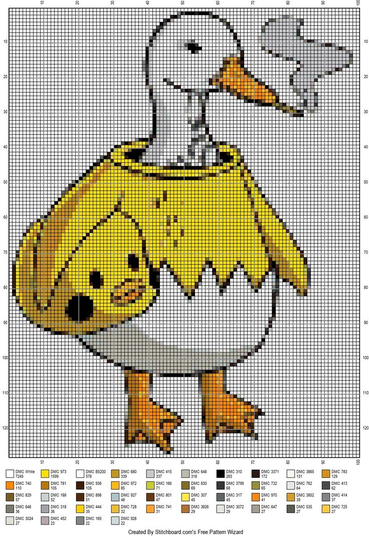 a cross stitch pattern with an image of a duck holding a baby chickling in its beak