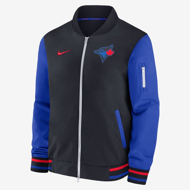 Featuring special team details and colors, the Authentic Collection City Connect Game Time Bomber Jacket helps you warmly showcase the home of your Toronto Blue Jays in cold, inclement weather. Its water-resistant twill fabric is built for heavyweight coverage on game day. Astros Jacket, Trendy Leather Jacket, Houndstooth Jacket, Toronto Blue Jays, Game Time, Blue Jays, Chicago White Sox, Leather Jacket Men, Twill Fabric