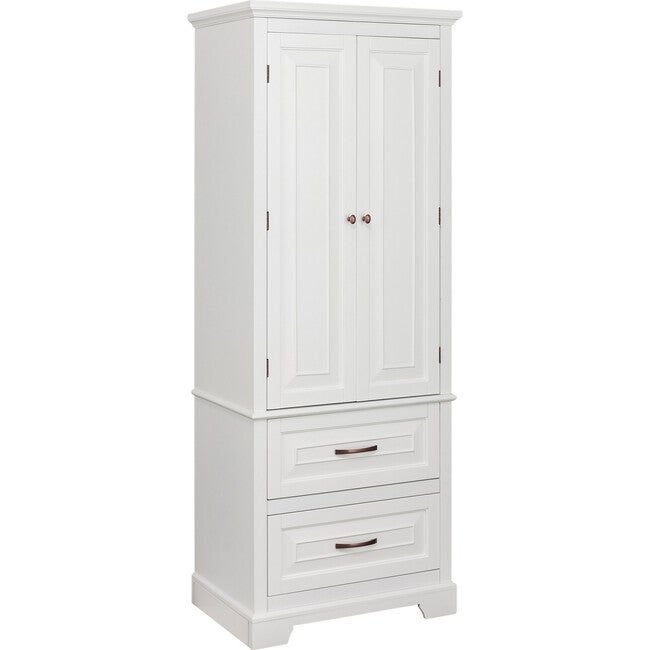 a white armoire with drawers on the bottom and two doors at the top, in front of a white background