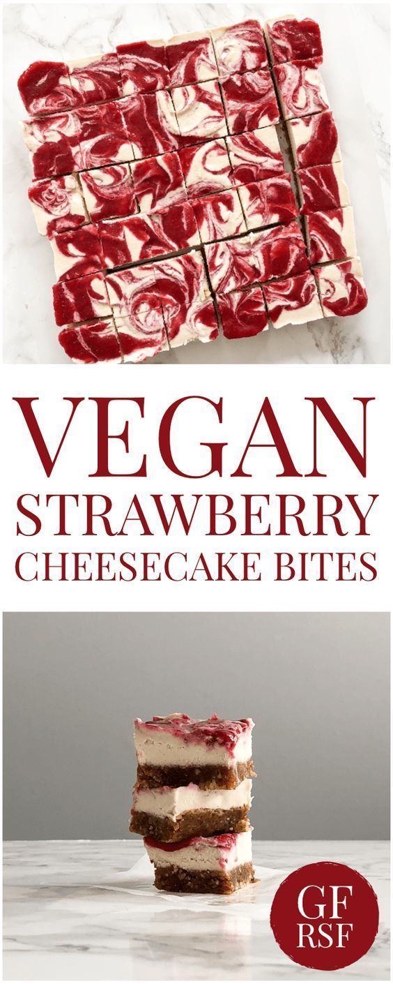 vegan strawberry cheesecake bites are stacked on top of each other with the words vegan strawberry cheesecake bites