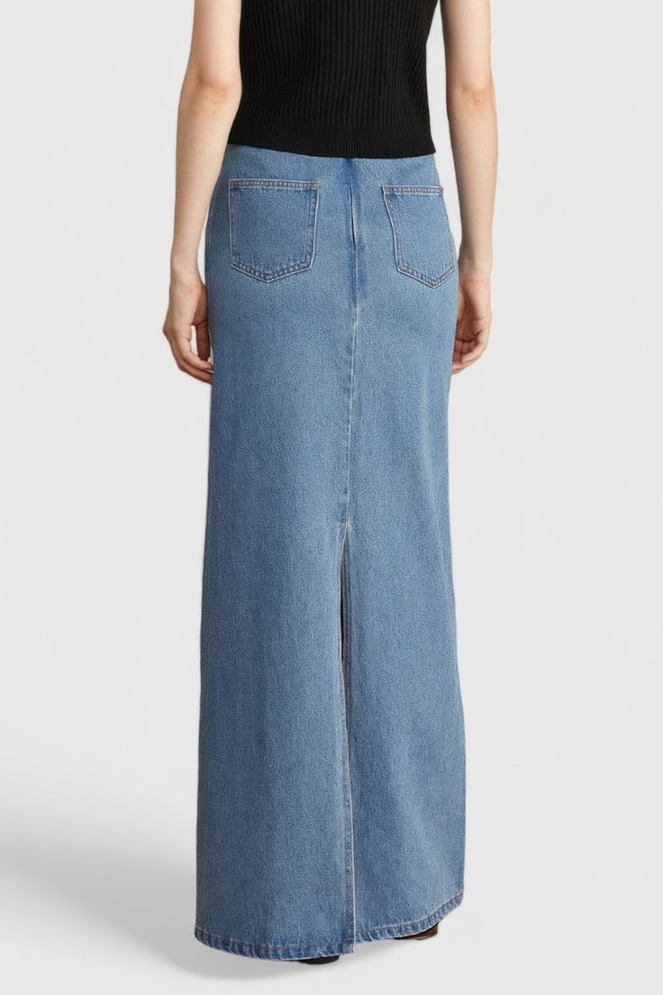 This Maxi Denim Skirt is crafted with a cropped waistband for a fashionable edge, and featuring pockets, a zipper closure, and a straight fit.Fabric: Cotton, Polyester Maxi Denim Skirt, Long Jean Skirt, Denim Maxi Skirt, Blue Maxi, Swimwear Cover Ups, Swimwear Cover, Jean Skirt, Swimwear Tops, Fabric Cotton