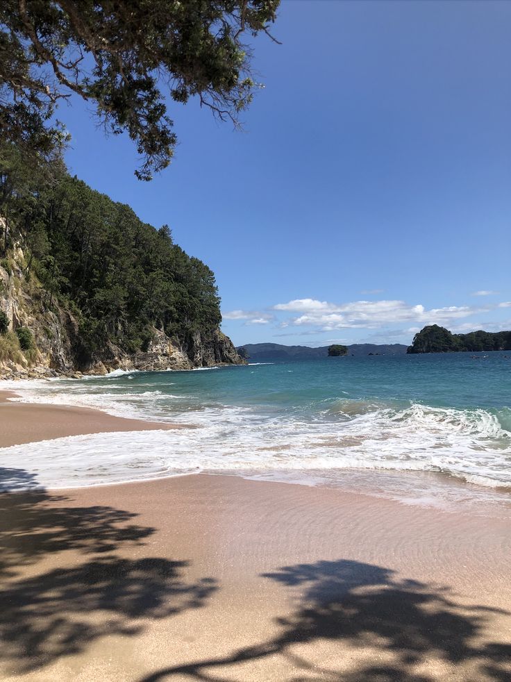 a beach with waves coming in to shore and trees on the other side, under a blue sky