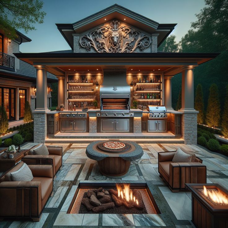 Experience the ultimate bachelor's outdoor retreat, featuring a sophisticated patio with a state-of-the-art grill station, built-in pizza oven, and chic bar area. Luxe leather seating, a large fire pit, and an outdoor music system set the scene for relaxation or entertainment. #OutdoorRetreat #GrillStation #PatioDesign #BachelorPad #HomeBar #OutdoorEntertainment Pizza Oven Area, Outdoor Pizza Oven Area, Fancy Pizza, Outdoor Bar Area, Large Fire Pit, Modern Outdoor Kitchen, Grill Station, Outdoor Patios, Outdoor Music