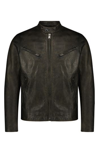 A weathered wash brings vintage character to a rugged leather jacket complete with zip pockets. Front zip closure Band collar with snap closure Zip cuffs Chest zip pockets; front zip pockets Lined Leather Professional leather clean Imported Rugged Leather Jacket With Zipper Closure, Rugged Long Sleeve Biker Jacket, Rugged Biker Jacket With Zipper Closure, Rugged Biker Jacket With Zipper Closure For Biker Events, Rugged Biker Jacket With Zipper For Biker Events, Washed Leather Jacket, Cafe Racer Jacket, Rugged Leather, Racer Jacket