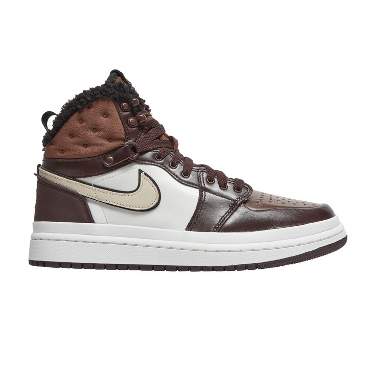 Find JORDAN Wmns 1 Acclimate 'chocolate on Editorialist. The women’s Air Jordan 1 Acclimate ‘Chocolate’ treats the sneaker icon to a winterized makeover. The sneaker-boot hybrid carries a brown and white leather upper, highlighted by rolled edges throughout the forefoot and a rubberized heel overlay marked with an embossed Wings logo. The lacing system incorporates speed hooks and D-ring eyelets for a utilitarian look, while the quilted textile collar and tongue feature a faux fur lining for insulated warmth. Above the white rubber midsole, a matching white rubber wrap offers improved durability. A brown cored-out rubber outsole delivers grippy traction underfoot. Air Jordan 1 Acclimate, Jordan Wmns, Wmns Air Jordan 1, Wings Logo, Chocolate Treats, Air Jordan 1, Nike Jordan, D Ring, Nike Air Force Sneaker