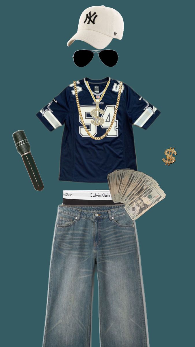 a baseball player's outfit is shown with money, sunglasses, and t - shirt