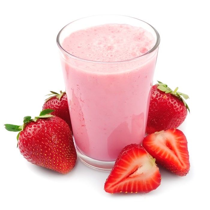 strawberry milkshake with fresh strawberries on white background