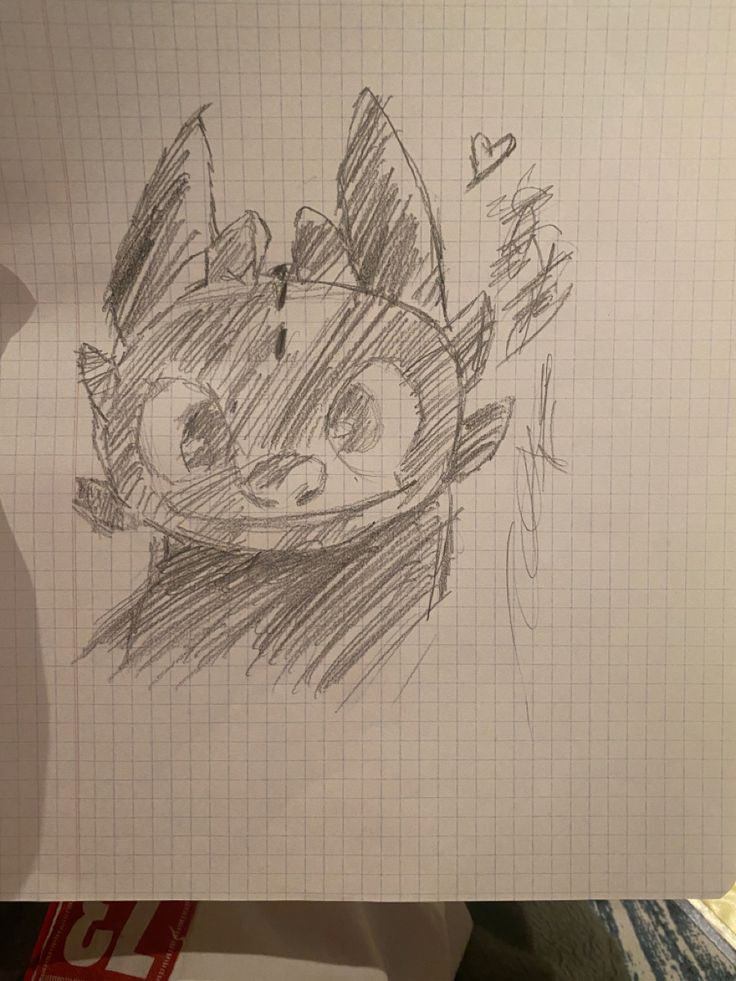 a drawing of a cat in a bowl on top of a piece of notebook paper