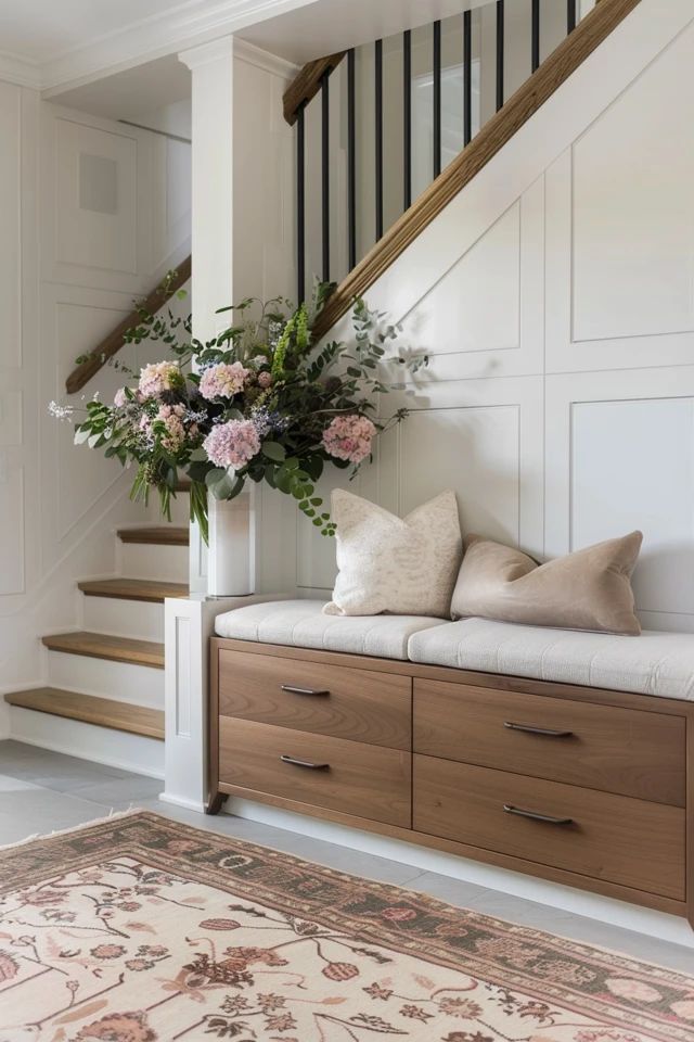 a bench with flowers on it in front of some stairs and a stair case next to a rug