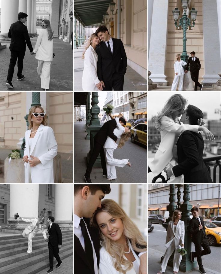 black and white photos of people posing for pictures in front of a building with columns