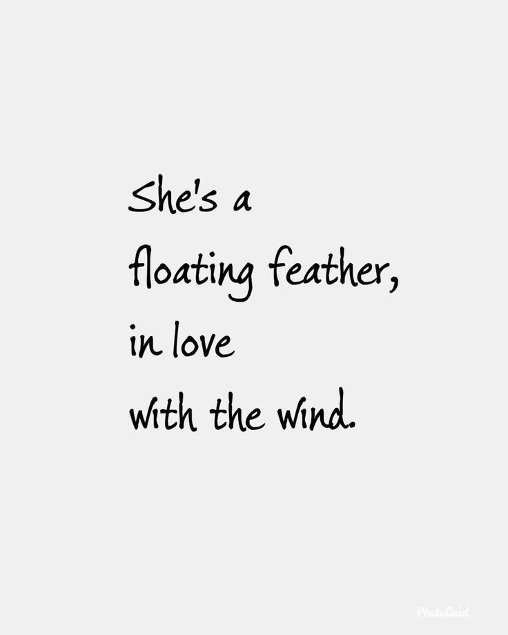 the words she's a floating feather, in love with the wind on a white background