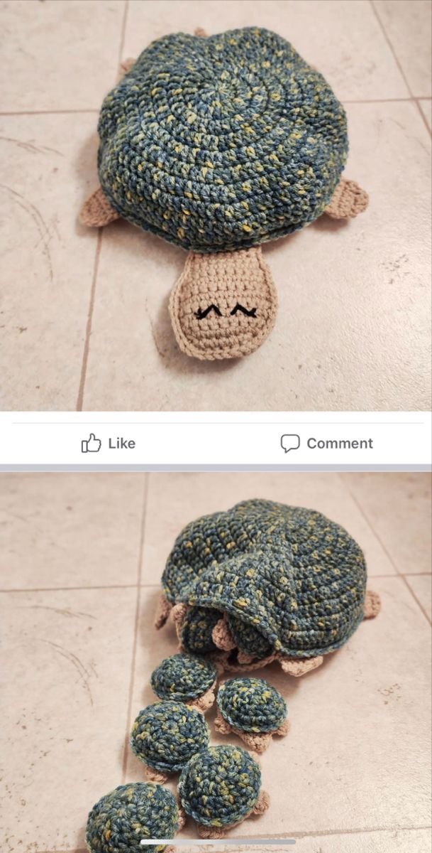 there are two pictures of the same turtle on the floor, one is crocheted and the other is knitted