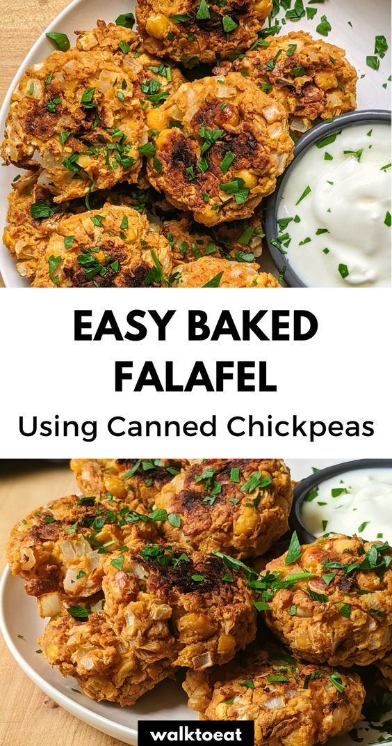 some food is on a white plate with ranch dressing in it and the words easy baked falafel