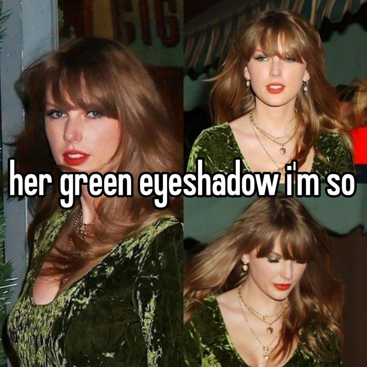 two pictures of the same woman with red lipstick and green eyeshadow in so