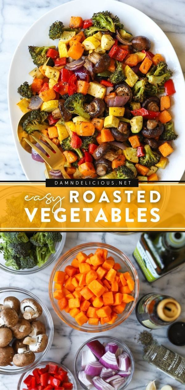 roasted vegetables in bowls with text overlay