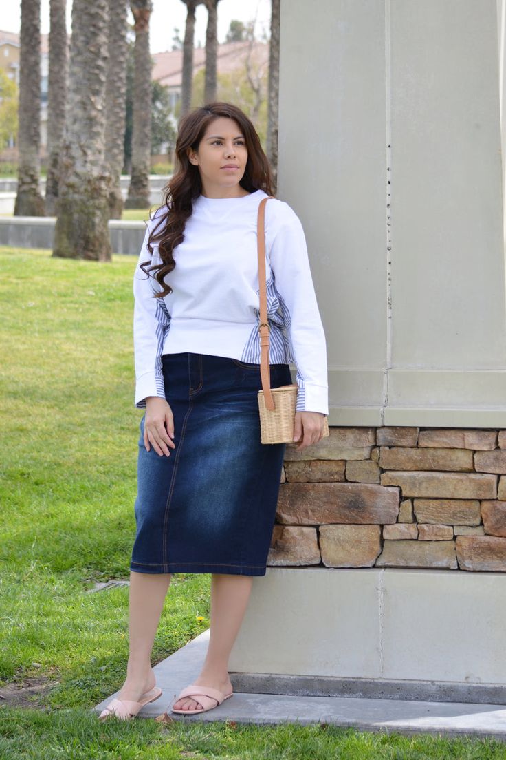 Our Tisa denim skirt features the classic five pocket design, no slit and a nice stretch. Dress it up or wear it casual. Fit is true to size. Modeled in large 5’5.5”. XSmall (waist 28"/hips 34”/length 27”) Small (waist 30"/hips 36”/length 27”) Medium (waist 32"/hips 38”/length 27”) Large (waist 34"/hips 40”/length 27”) Christian Modesty, Pearl Photography, Cute Church Outfits, Realistic Fashion, French Capsule Wardrobe, Pentecostal Outfits, Modest Clothing Women, Striped Peplum Top, Jean Skirts