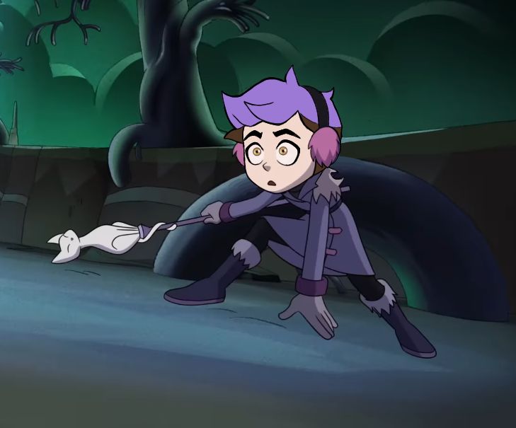 a cartoon character with purple hair is holding something in her hand and looking at the ground