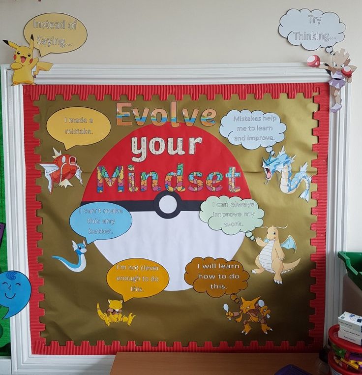 a bulletin board that says, evolve your mindset with pokemons on it