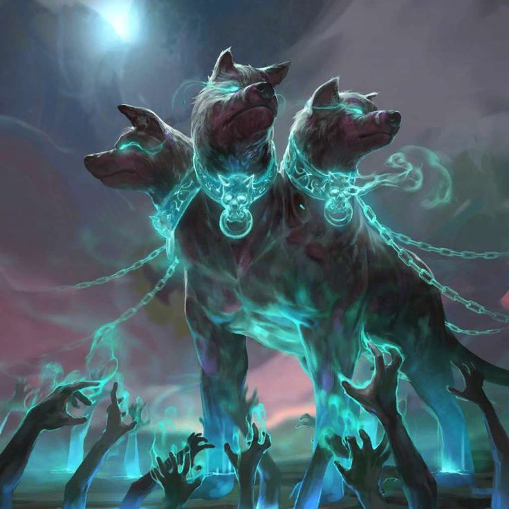 two dogs with chains around their necks are surrounded by hands and glowing blue lights in the background