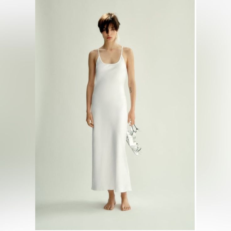 Zara Satin Slip Dress Ref 3676/840 White Xxl Nwt Perfect For A Bride! Chic Long Loungewear Dress, Chic White Maxi Dress For Loungewear, Casual White Longline Dress, Casual Longline White Dress, Elegant Sleeveless Maxi Dress For Daytime, Elegant Maxi Dress For Daytime Summer, White Sundress For Loungewear, White Longline Maxi Dress For Spring, White Summer Midi Dress For Loungewear