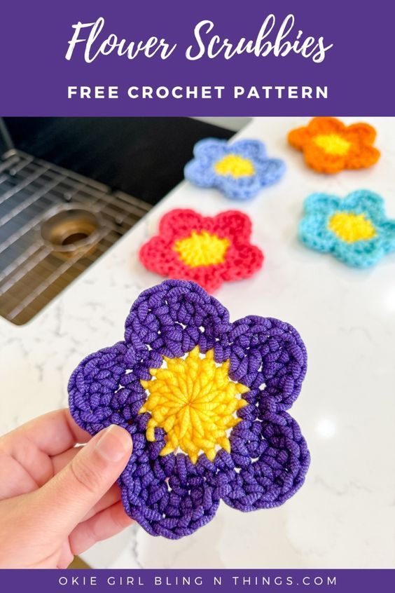 crochet flower applique with text overlay