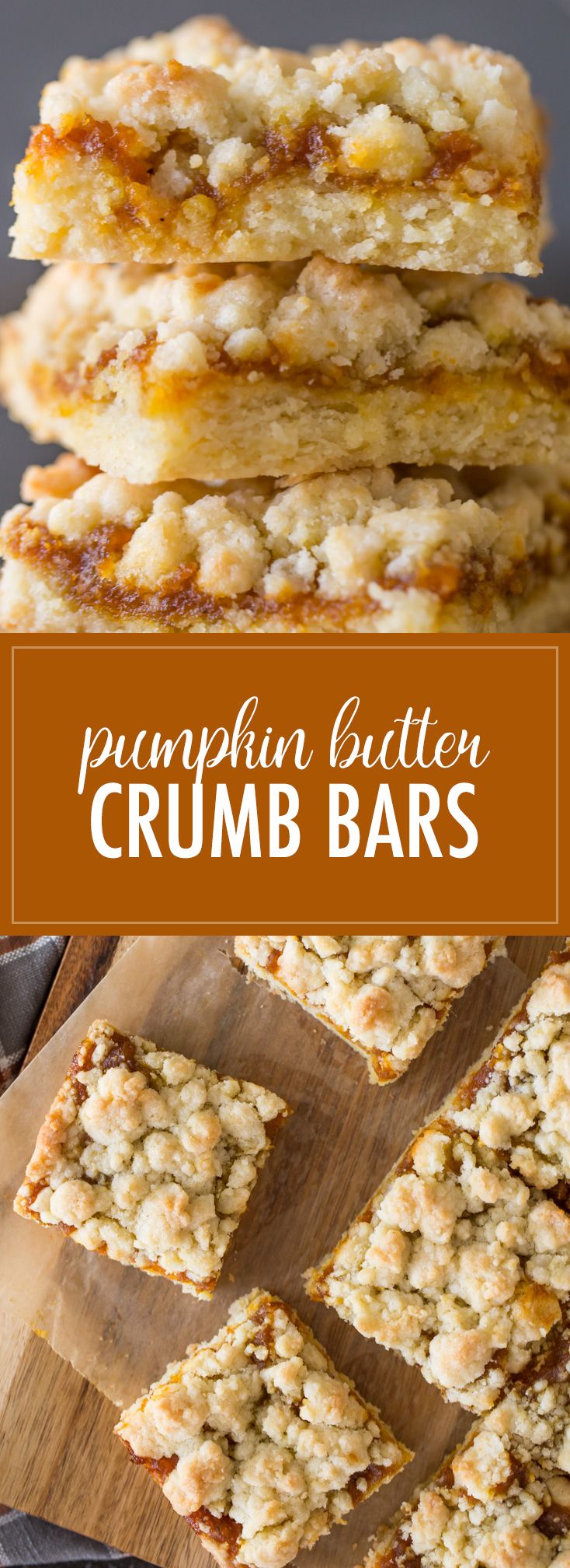 pumpkin butter crumb bars stacked on top of each other with the words, pumpkin butter crumb bars