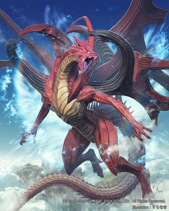 a red dragon is flying through the sky