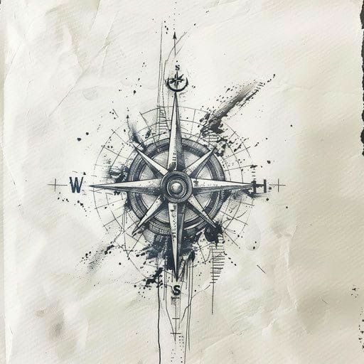 a drawing of a compass on top of a piece of paper with ink splatters