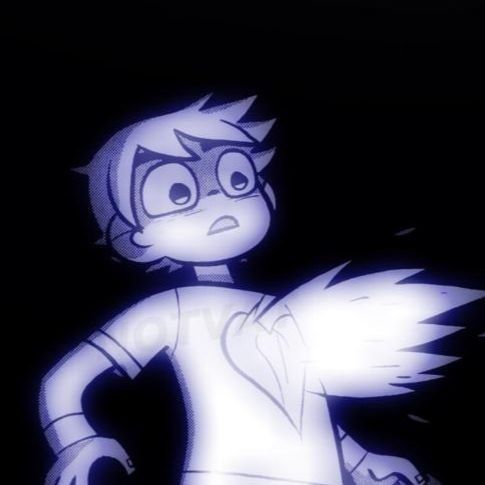 an animated image of a boy with wings on his chest and eyes closed, standing in front of a black background