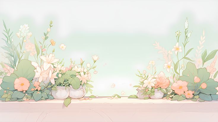 an artistic scene with flowers and plants on the edge of a table, painted in pastel colors