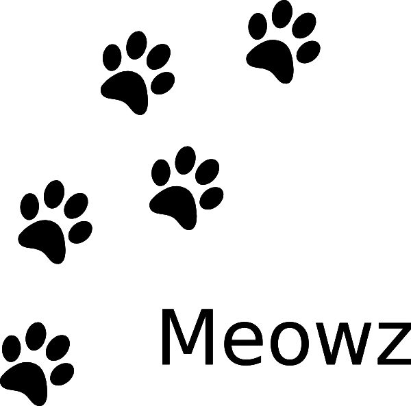 the word meowz is written in black and white with paw prints on it