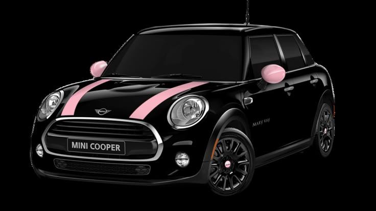 a black mini cooper with pink stripes on the front and side hood, parked next to a white background