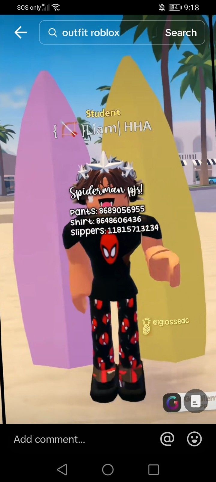 an animated character is standing in front of some surfboards and palm trees with the caption's name on it