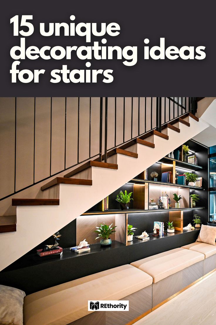 the cover of this book features stairs and bookshelves with shelves on each side