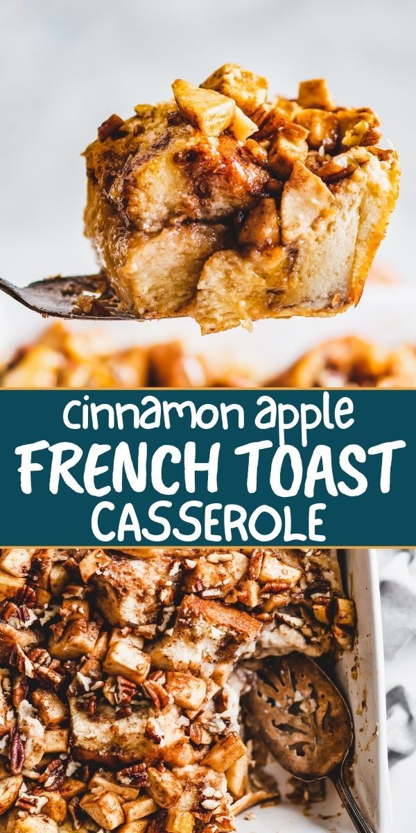 cinnamon apple french toast casserole on a white plate with a spoon in it