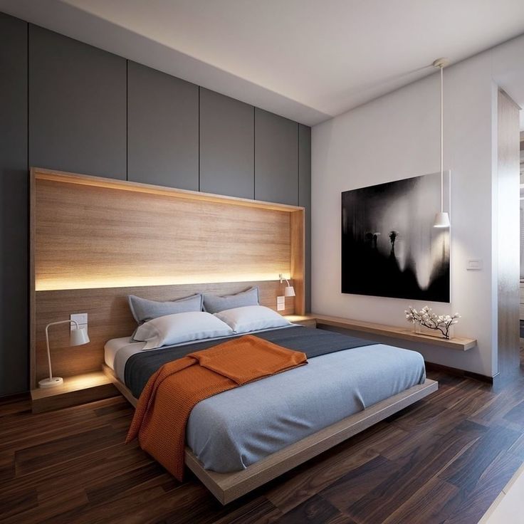 a modern bedroom with wood flooring and gray walls