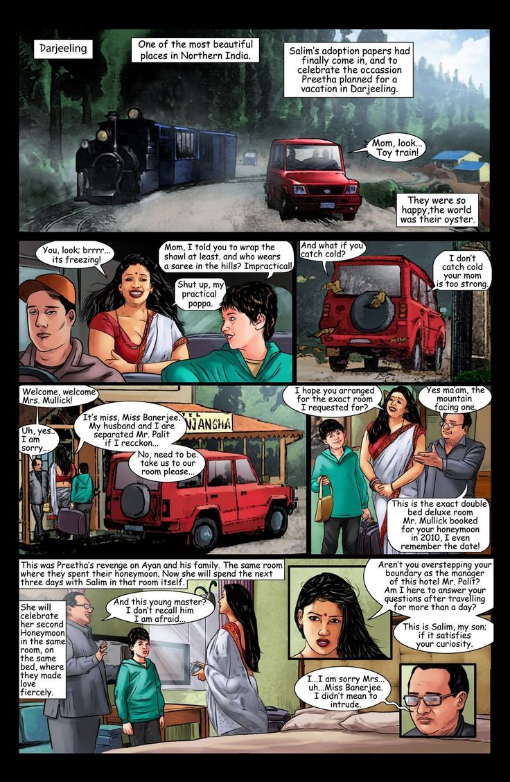 a comic strip with an image of people talking to each other in front of a red truck