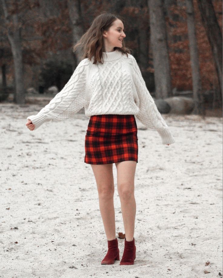 Plaid Red Skirt Outfit, Tartan Skirt Outfit Winter, Red Checkered Skirt Outfit, Christmas Program Outfit, Plaid Skirt And Sweater Outfit, Checkered Dress Outfit, Red Plaid Skirt Outfit, Red Christmas Skirt, Checkered Skirt Outfit